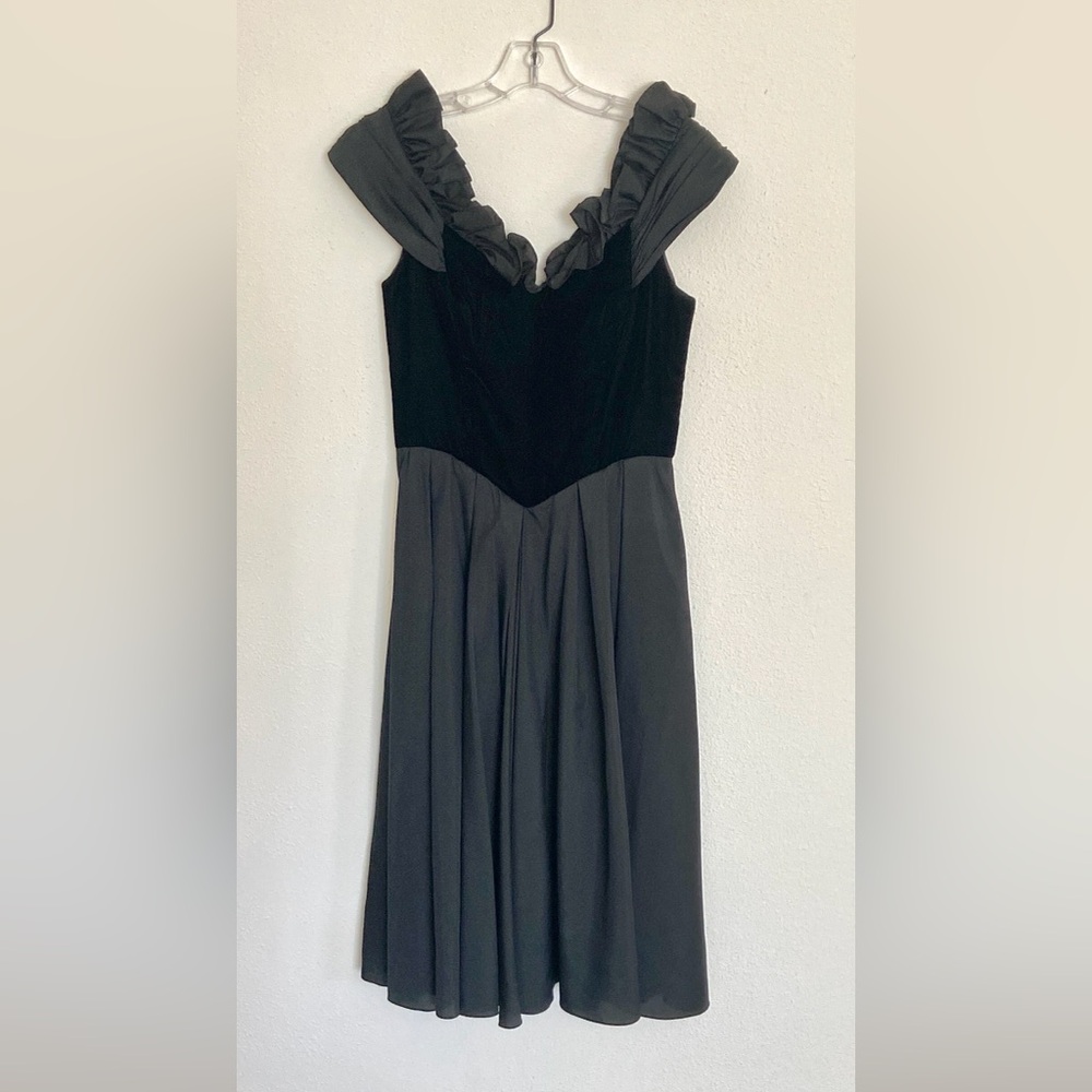 Black and Charcoal Midi Dress with Velvet Bodice